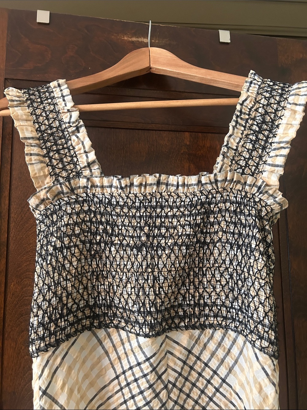 GANNI Smocked Sundress in Beige and Black Plaid - Picture 2 of 14